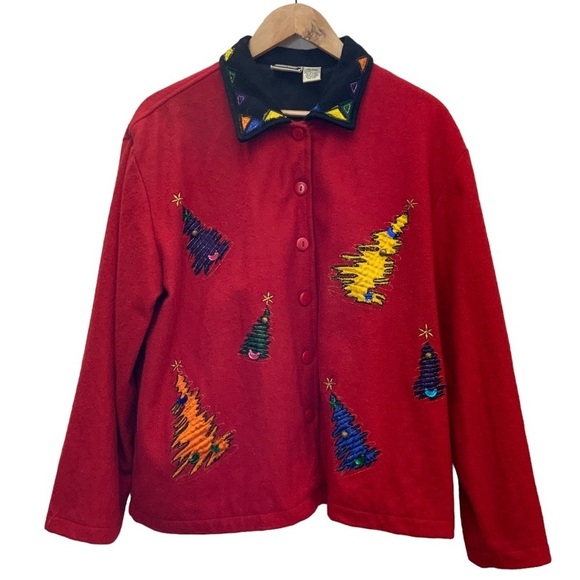 Holiday Take Two Vintage Christmas Jacket Boxy Red Embellished 80’s  Large - Picture 10 of 16